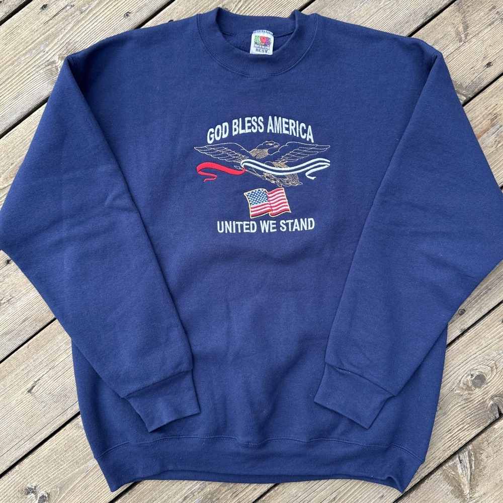 Vintage 90s God Bless America Embroidered Sweatshirt Navy XL